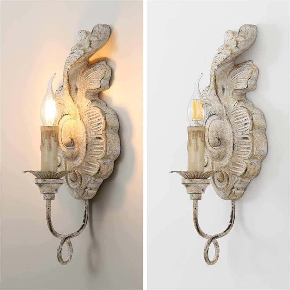 Wandleuchte Innen Wandlampe Antike Bauernhaus Wandleuchter Französisch Land Wandhalterung Licht E14 weiß Holz Kerze Wandlampe(White)