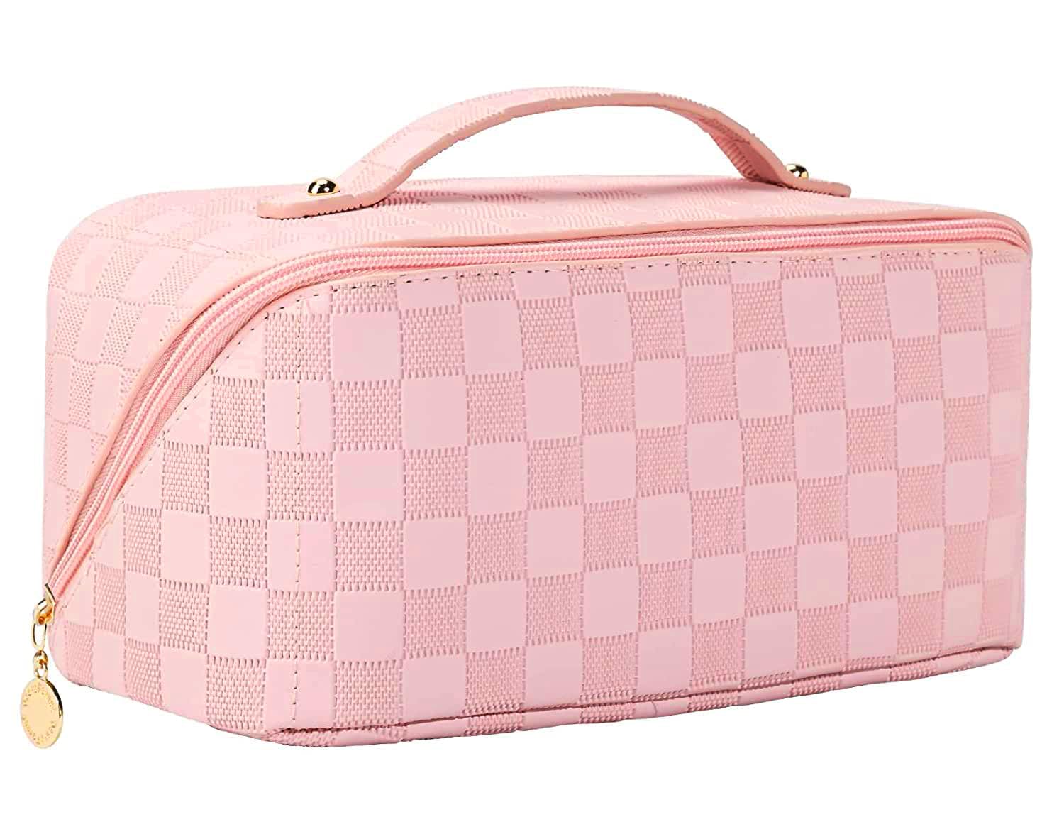 abtrix with ab Leather Travel Makeup Bag,Large Capacity Cosmetic Bags For Women, Waterproof Portable Pouch Open Flat Toiletry Make Up Organizer WITH Divider And Handle, Multi Color (Pink - Checkered)-picture-13