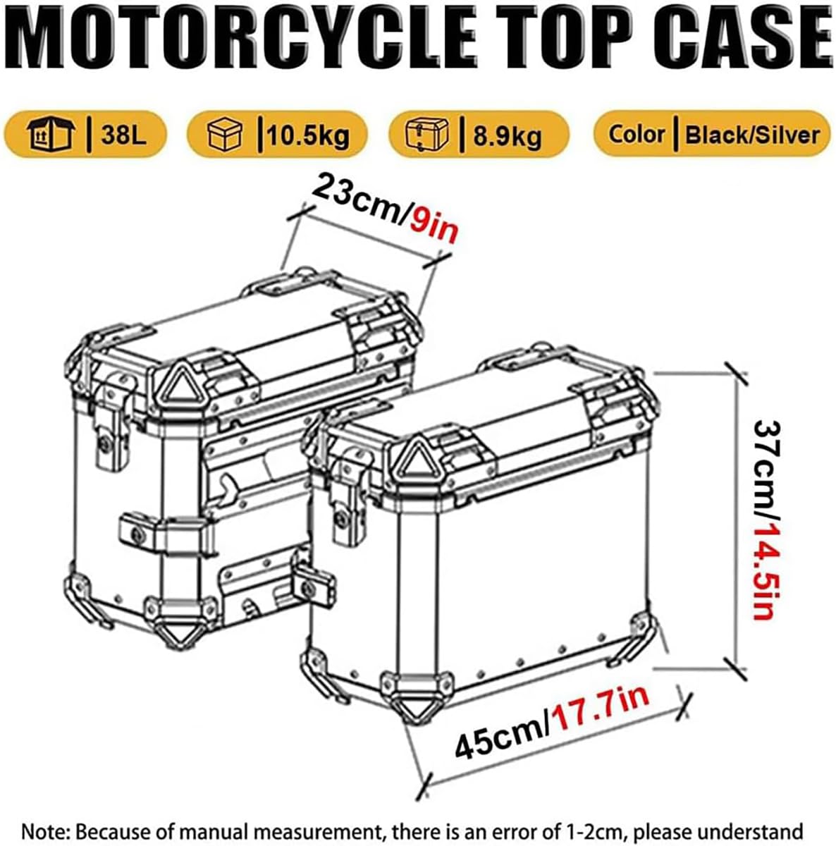 Alforja lateral universal para motocicleta 38L aluminio impermeable maleta rígida