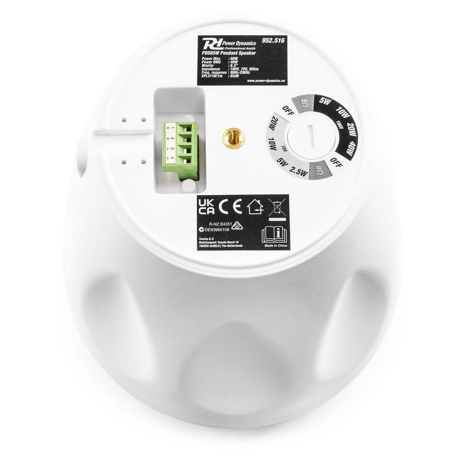 Power Dynamics PDS65W Enceinte à Suspendre 100V/80W Blanc Haut-Parleur 2 Voies Montage Mur Plafond ABS Robuste