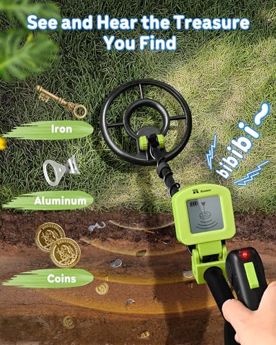 Image of RM RICOMAX Metal Detector for Kids - Kids Metal Detector with LCD Display, 7.4 inch Search Coil, Buzzer IP68 Waterproof, 2 Lb Lightweight, 24 to 35'' Foldable & Adjustable, Best Gift for Boys, Green
