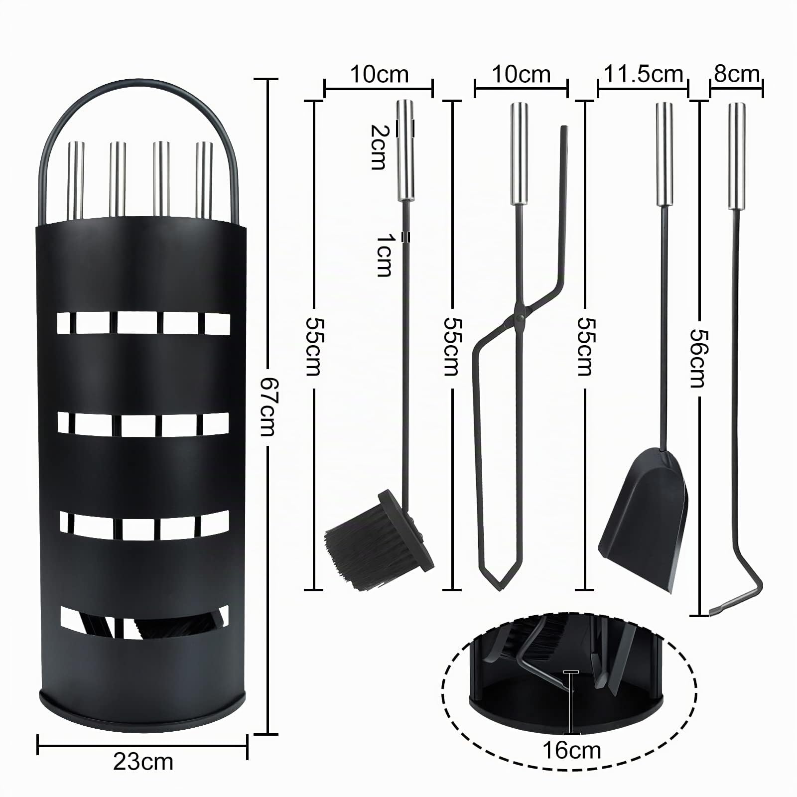 YUENFONG Ensembles d’Outils de Cheminée 5 pièces accessoire avec Seau, tisonnier, Pelle à Cendre, Balai & Pince, Moderne (Type A, noir)