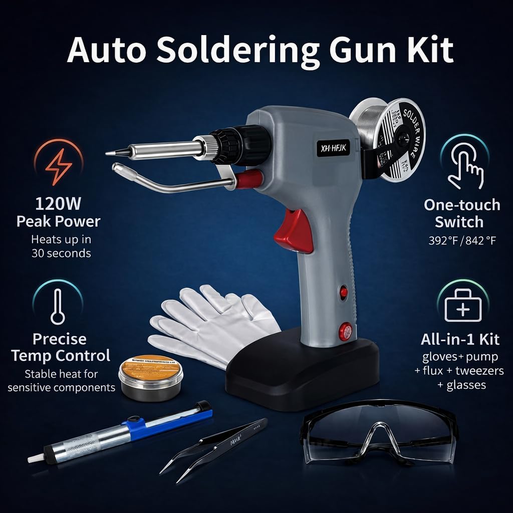 Trigger-Feed Soldering Gun Kit, 120W 110V, 6-Level 392–842°F Adjustable Temperature Soldering Iron for DIY Electronics and PCB Repair One-Hand Tin-Feeding (including gloves and goggles)