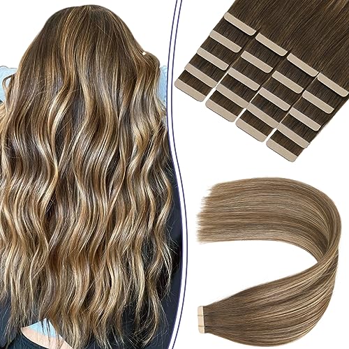 Sindra Tape in Hair Extensions 50g 14 Inch 20pcs Balayage Chocolate Brown to Caramel Blonde Tape in Silky Straight Remy Human Hair Extension#4/27/4 14"