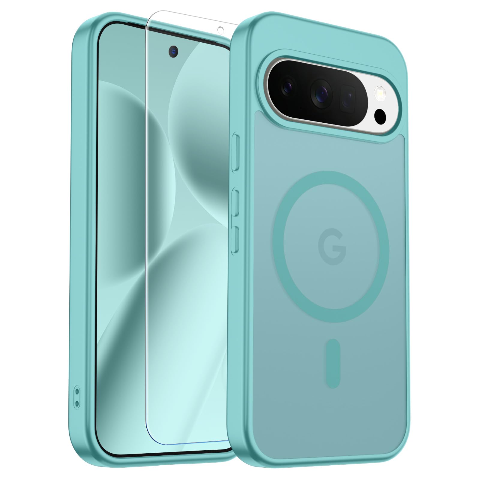 SUPFINE Magnetic for Google Pixel 10 Pro XL Case with Screen Protector, (Built-in Magnets) ((Military Grade Drop Protection) Slim Translucent Shockproof Phone Case,Blue Green