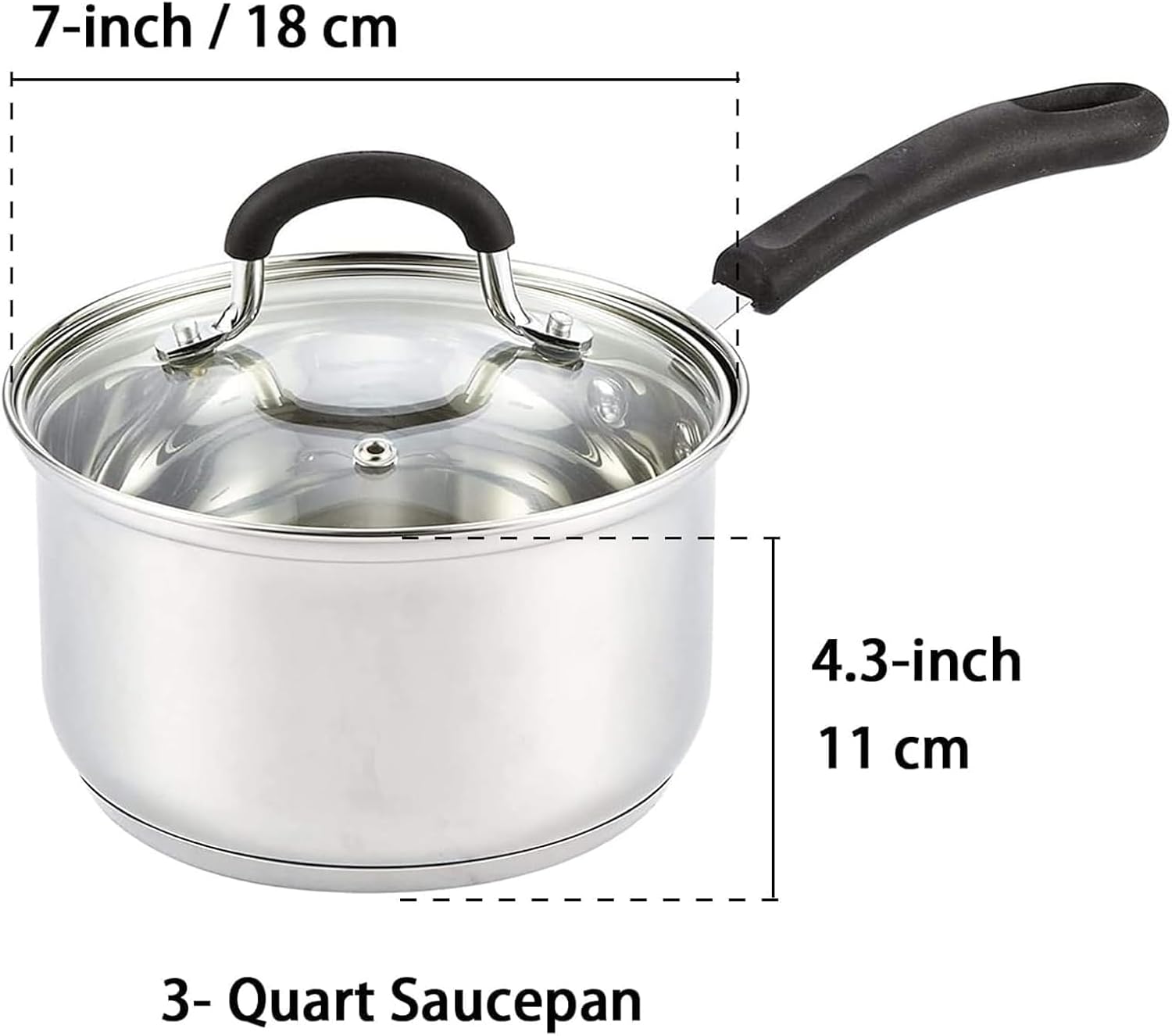 Cook N Home 3 Quart Stainless Steel Saucepan Set with Lid, Induction Compatible Milk Pots, Stay-Cool Silicone Handle, Mirror Polished 18/10 Cookware, Dishwasher & Oven Safe, Silver