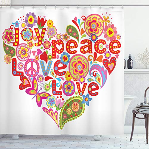 Ambesonne Groovy Shower Curtain, Print with Colorful Hippie Style Floral Heart Spring Happiness Joy Wish Hope Message, Cloth Fabric Bathroom Decor Set with Hooks, 69" W x 70" L, White Red Jade Green