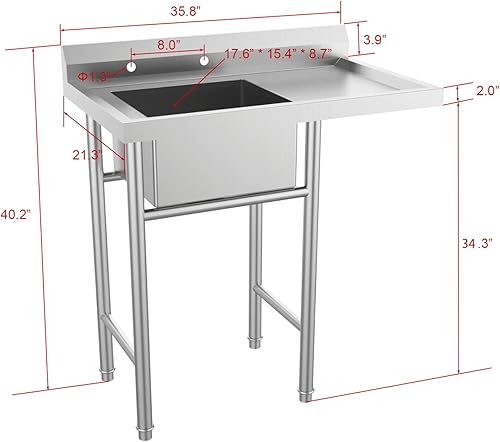 Miniatura 5 de Bonnlo Fregadero de acero inoxidable 304 con escurridor, fregadero de banco de trabajo de un compartimento, fregadero comercial para restaurante,