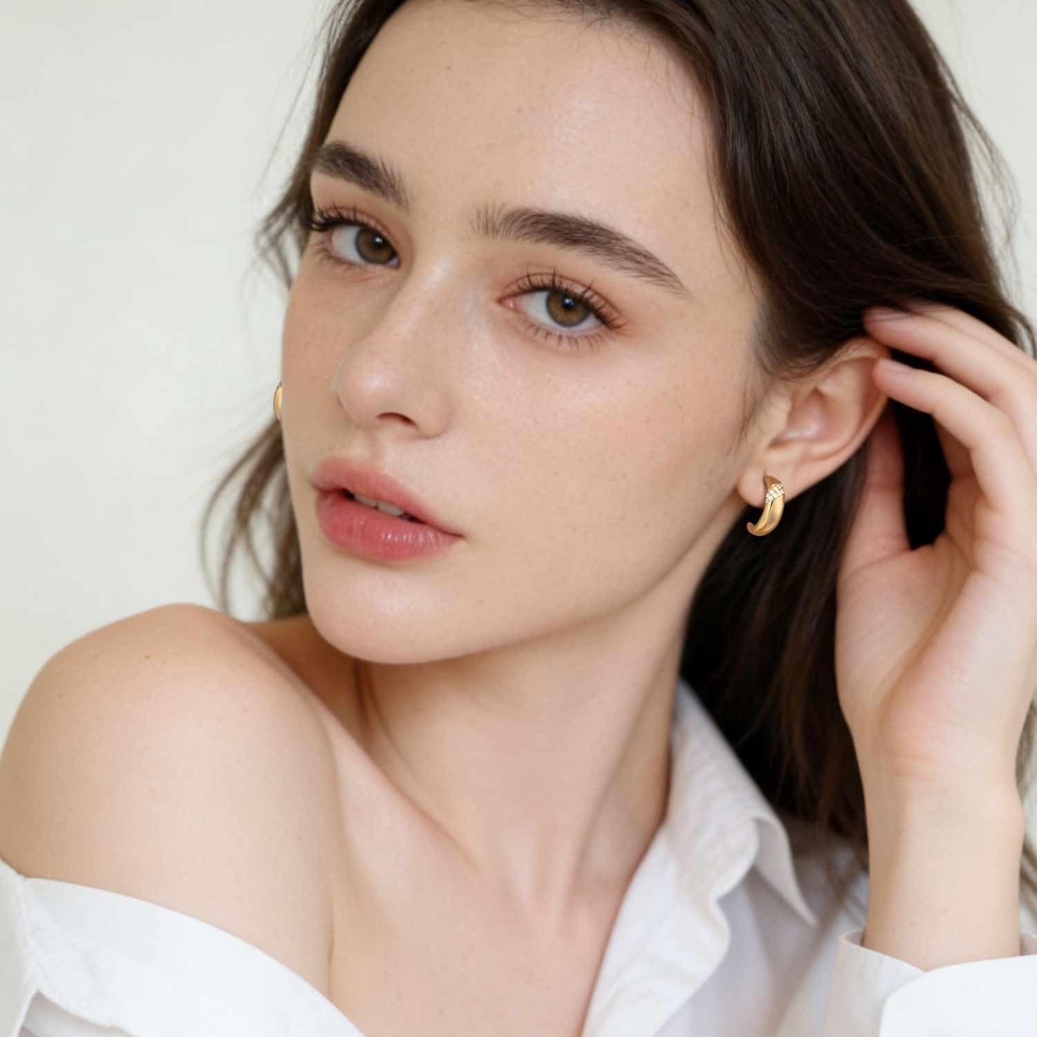 14K Gold Earrings for Women Gold Hoop Earrings for Women Hoop Earring for Womens Hoops Graceful Crescent Moon-Shaped Curve with Cubic Zirconia Hoops Stud Earring for Womens 18mm - Image 3