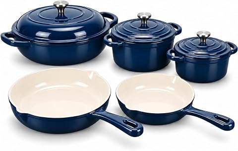 QuliMetal 5-Piece Navy Blue Enameled Cast Iron Cookware Set