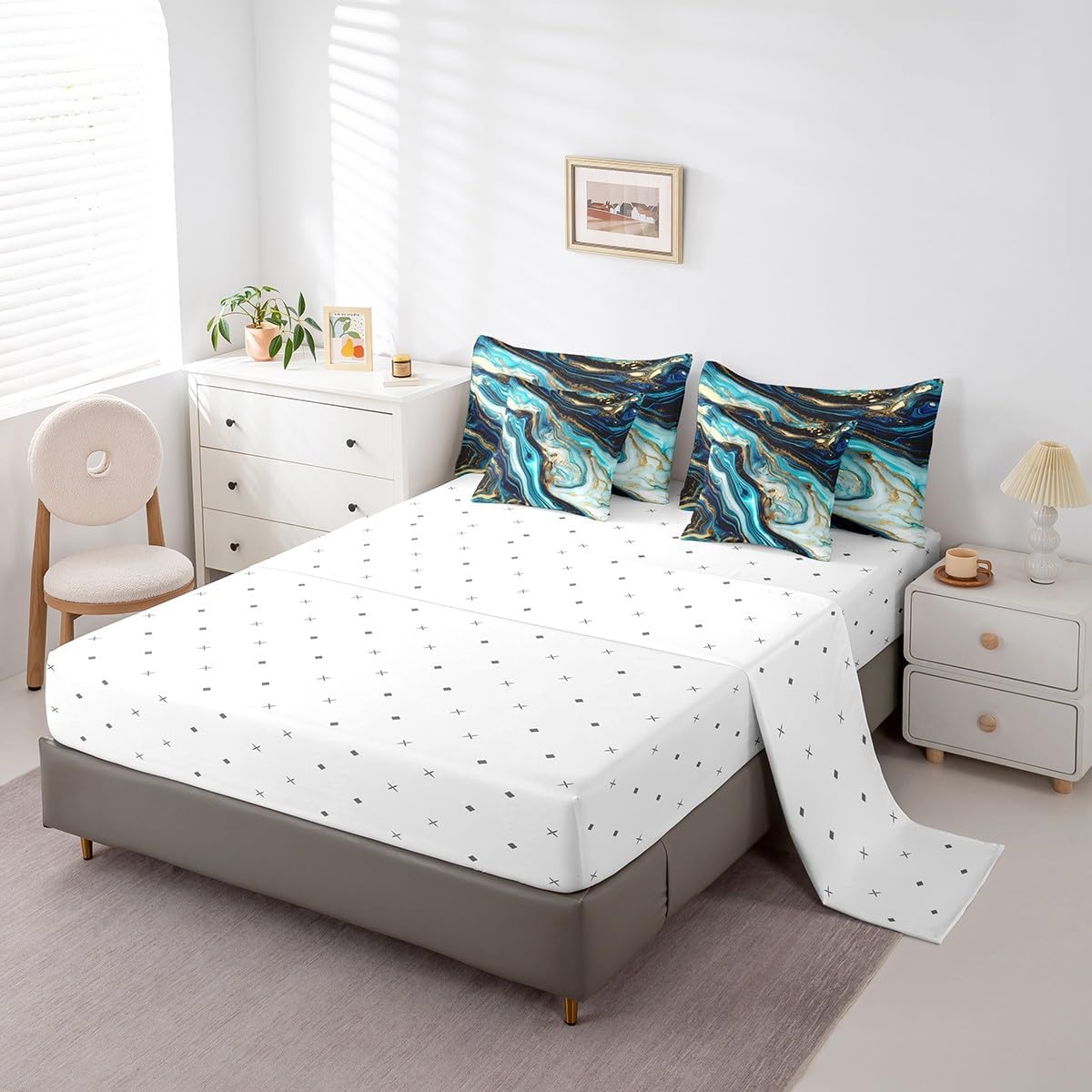 Blue Marble Bedding Comforter Sets 7 Pieces Teal Marbling Bed in a Bag, Abstract Aesthetic Twin Bedding Sets Watercolor Stone Pattern Comforter Set, Gold Metallic Sequins Bedding Sets & Collections