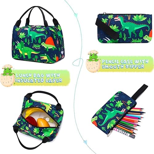Miniatura 7 de JSQDAGZH Mochilas para niñas y niños, mochila escolar con lonchera y estuche para lápices, Verde, Dinosaurio verde