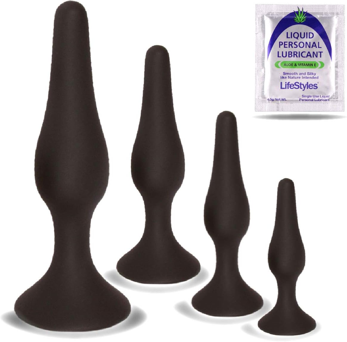 Anal Trainer Kit from Real Vibes - 4 Butt Plugs - Beginner Starter Set - Personal Lubricant Sample - 100% Medical Grade Silicone - Hypoallergenic