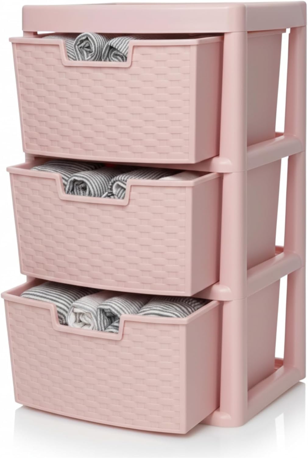 KYY'Z - Large Plastic Rattan Storage Drawers Unit with Deep Pull-Out Baskets - Durable Multipurpose Cabinet Organizer for Home Office, Bedroom, Bathroom, Garage, Utility Room (Rattan/Pink, 3 Tier)