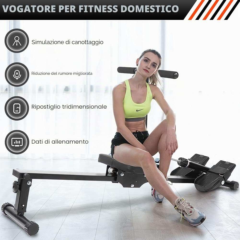 Dioche vogatore casa pieghevole con tracolla pedale regolabile, resistenza pistone, display LCD, nero, portata fino a 120 kg