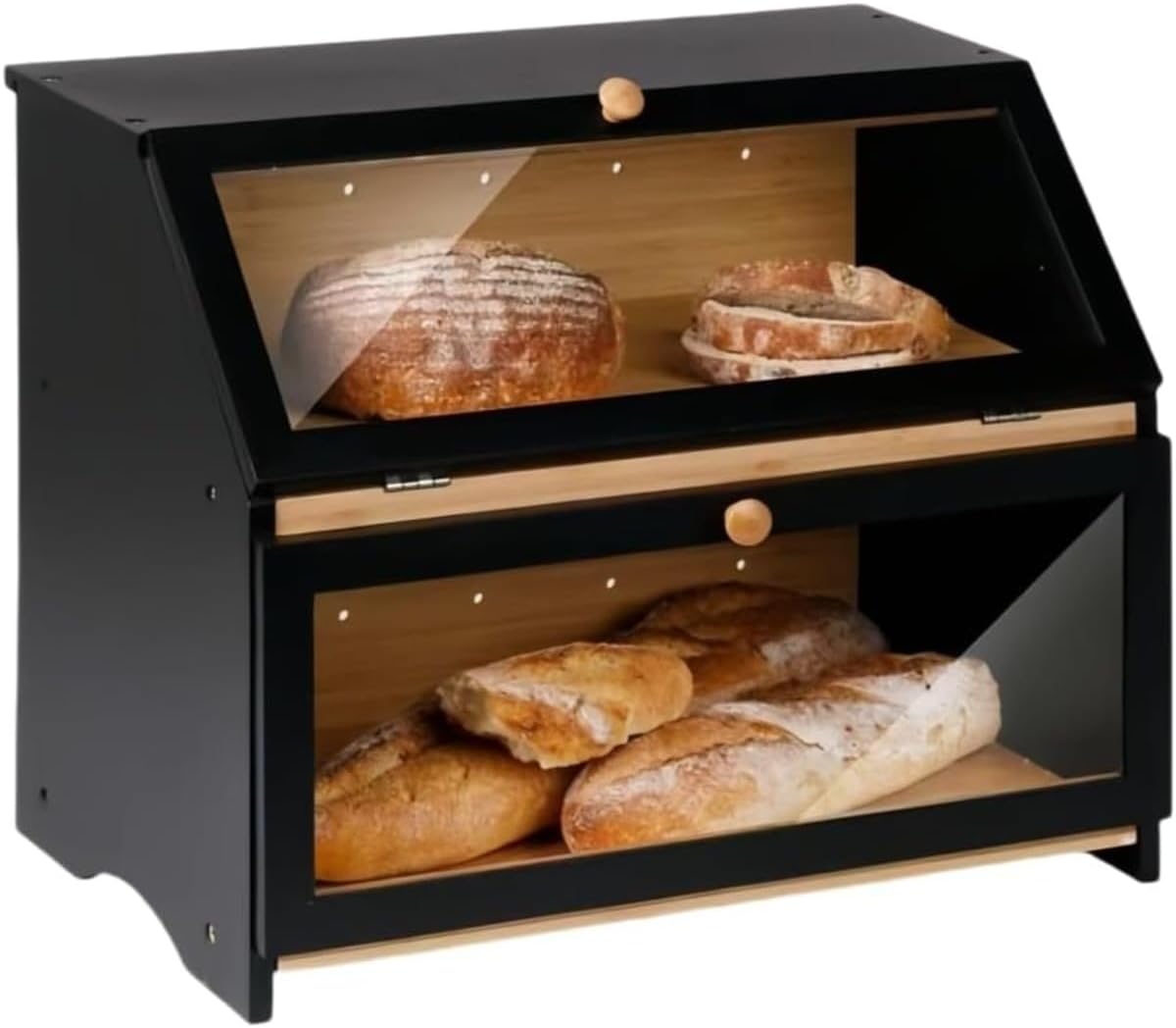 キッチンカウンター用の透明窓付きの大容量の竹製二重層収納ボックス カウンター上収納 穀物 調味料 食品の保管に適しており スペース