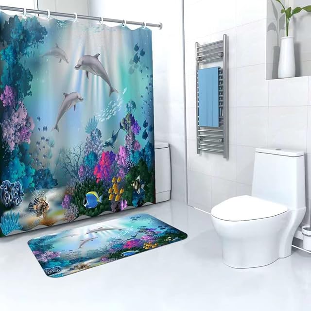 Easylife Bathroom Shower Curtain and Bath Mat Set, Mould Proof and Waterproof Bathroom Curtain L180cm x W180cm with Matching Bath Mat L80cm x W50cm, Dolphin Theme | Dolphin
