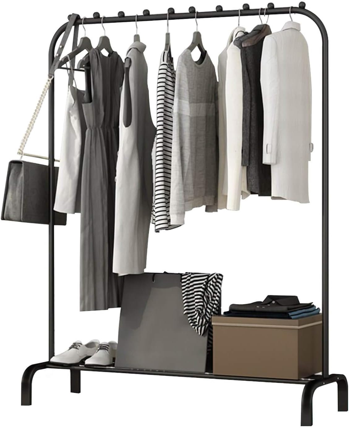 Holdfiturn Clothes Rail Metal Clothing Garment Rack with Bottom Shoes Shelf Stand Free Heavy Duty Drying Racks for Clothes with Multi-slip Bead for Hanging Coats Skirts Bedroom Closet Laundry Black