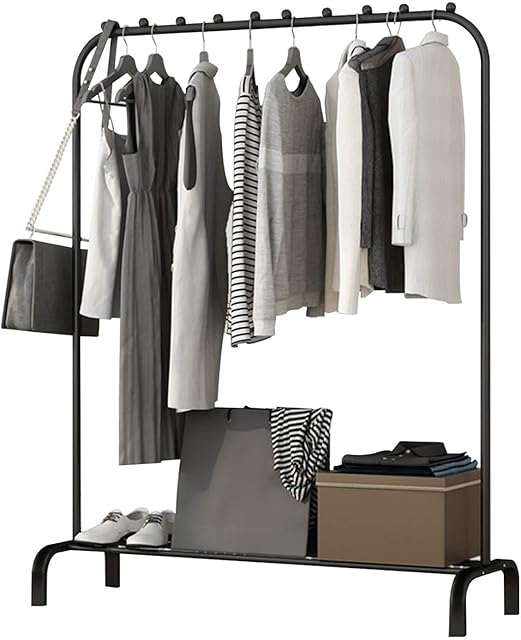 Holdfiturn Heavy Duty Clothes Rail 146 * 110 * 40cm Garment Rail Stand Clothes Drying Rack with Multi-slip Bead Lower Storage Shelf Freestanding Metal Cloth Hanging Rail for Bedroom (Black)