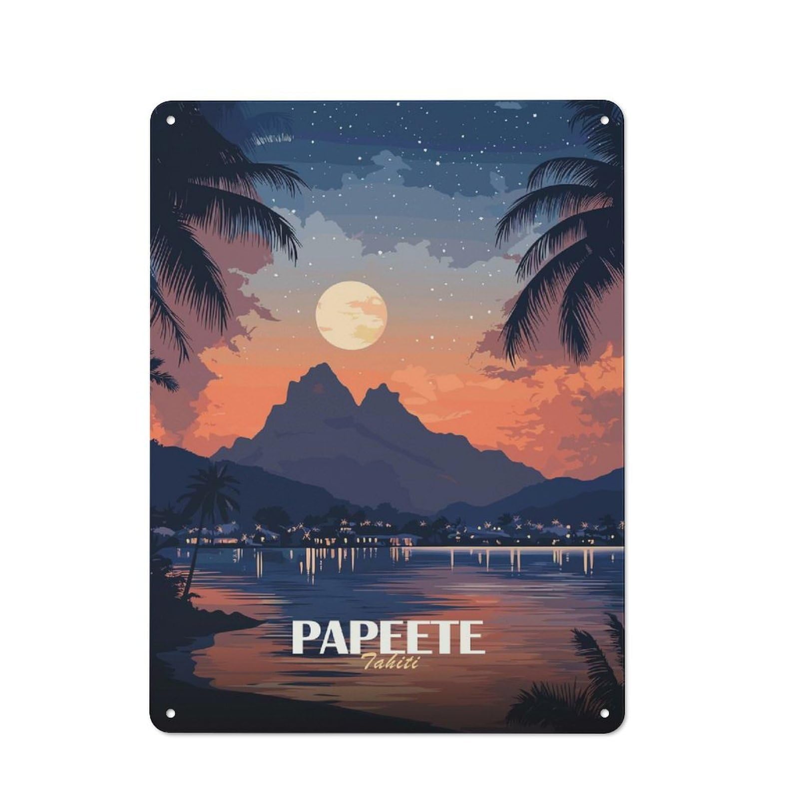 Junmoney Papeete Tahiti Night Landscape Warehouse Style Metal Wall Decor 40X30cm, Industrial Metal Sign For Workspace, Cafe, Hallway Or Garage