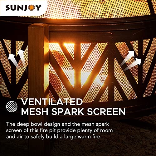 Sunjoy 27 In. Large Fire Pits For Outside Round Wood-Burning Fire Pit, Outdoor Patio Steel Bowl Shape Fire Pit With Mesh Spark Screen And Poker Tool #TOP3
