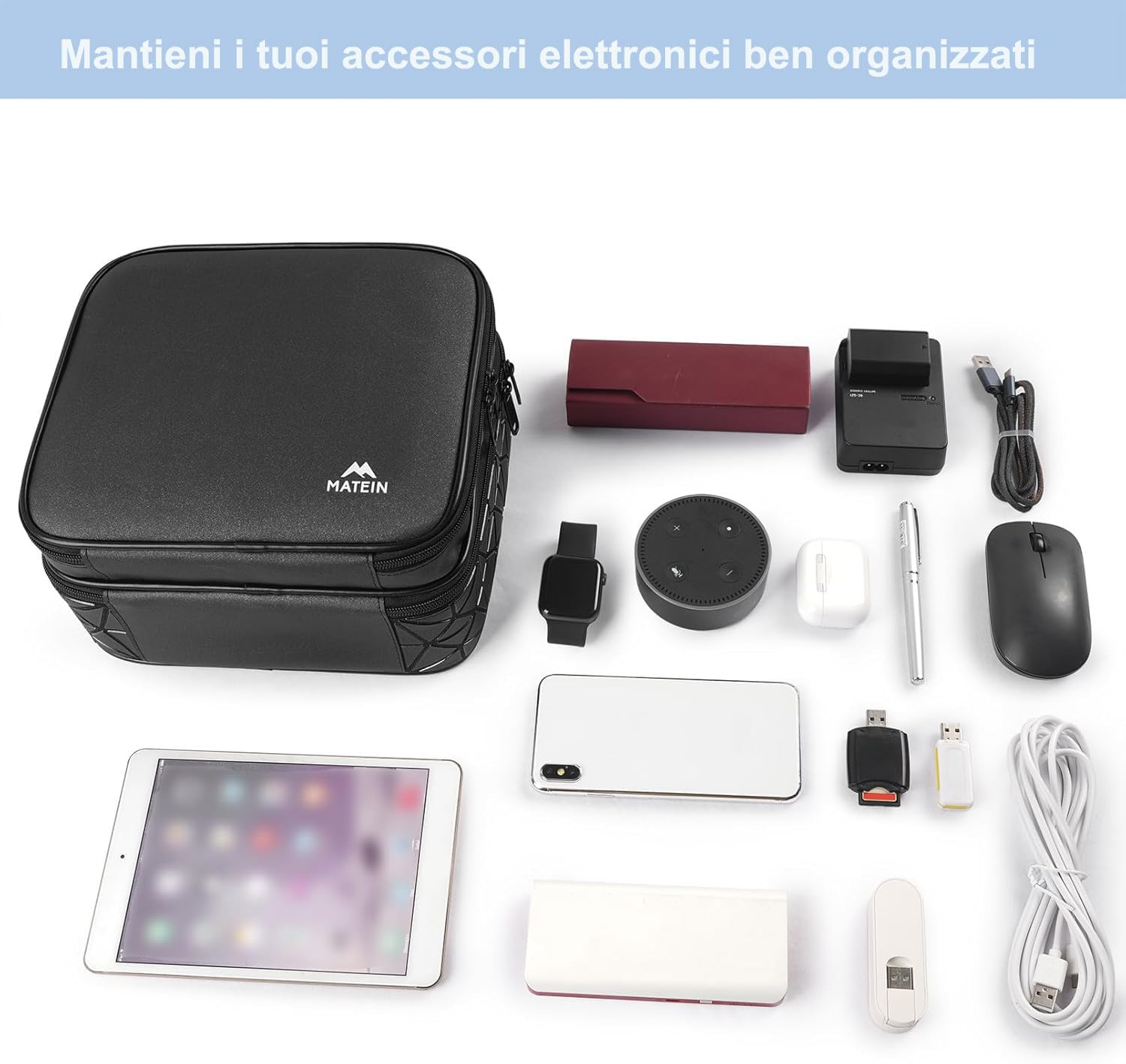 MATEIN Borsa Porta Cavi da Viaggio Grande, Organizer Cavi a Doppio Strato con Divisori Rimovibili, Impermeabile e Antiurto, per Caricabatterie, Power Bank e Accessori Elettronici, Nero