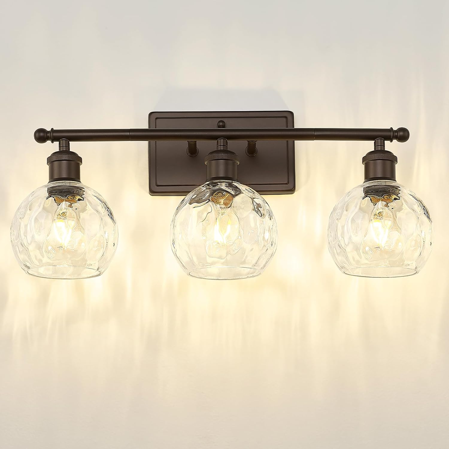 zeyu Farmhouse 3 Light Vanity Lighting, 21.4'' Bathroom Mirror Wall Light, Oil Rubbed Bronze Finish with Clear Hammered Globe Glass, ZJF63BG-3W ORB-WG