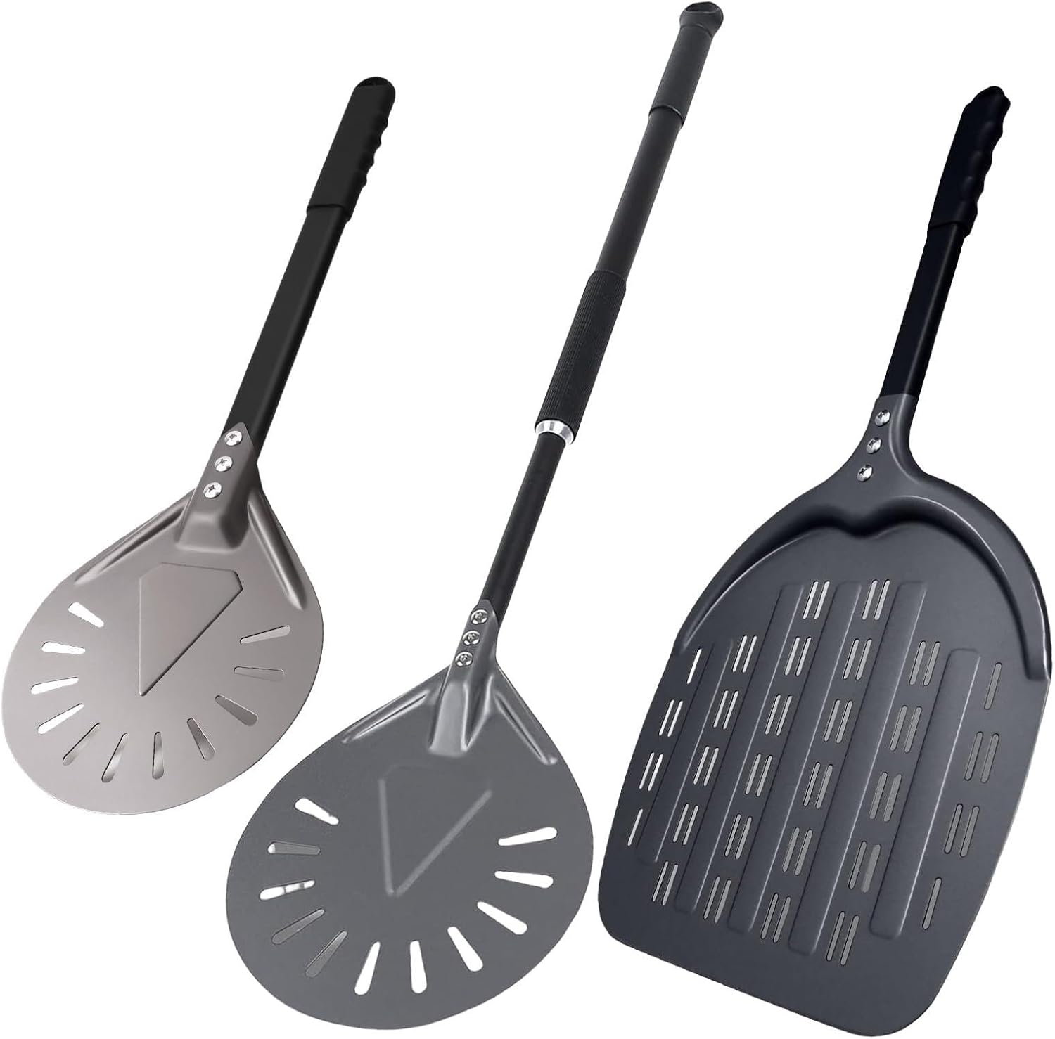 12 Inch + 9 Inch Perforated Pizza Peel Set， Pizza Turning Peel - 9 Inch Aluminum Perforated Pizza turner with 33 Inch Pizza Spatula Paddle for Homemade Pizza Oven Accessories