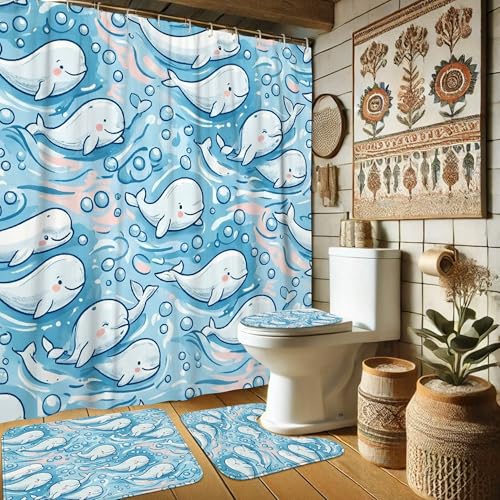 Rideau de douche anti-moisissure imperméable polyester baleine bleu pour sol sec - 2