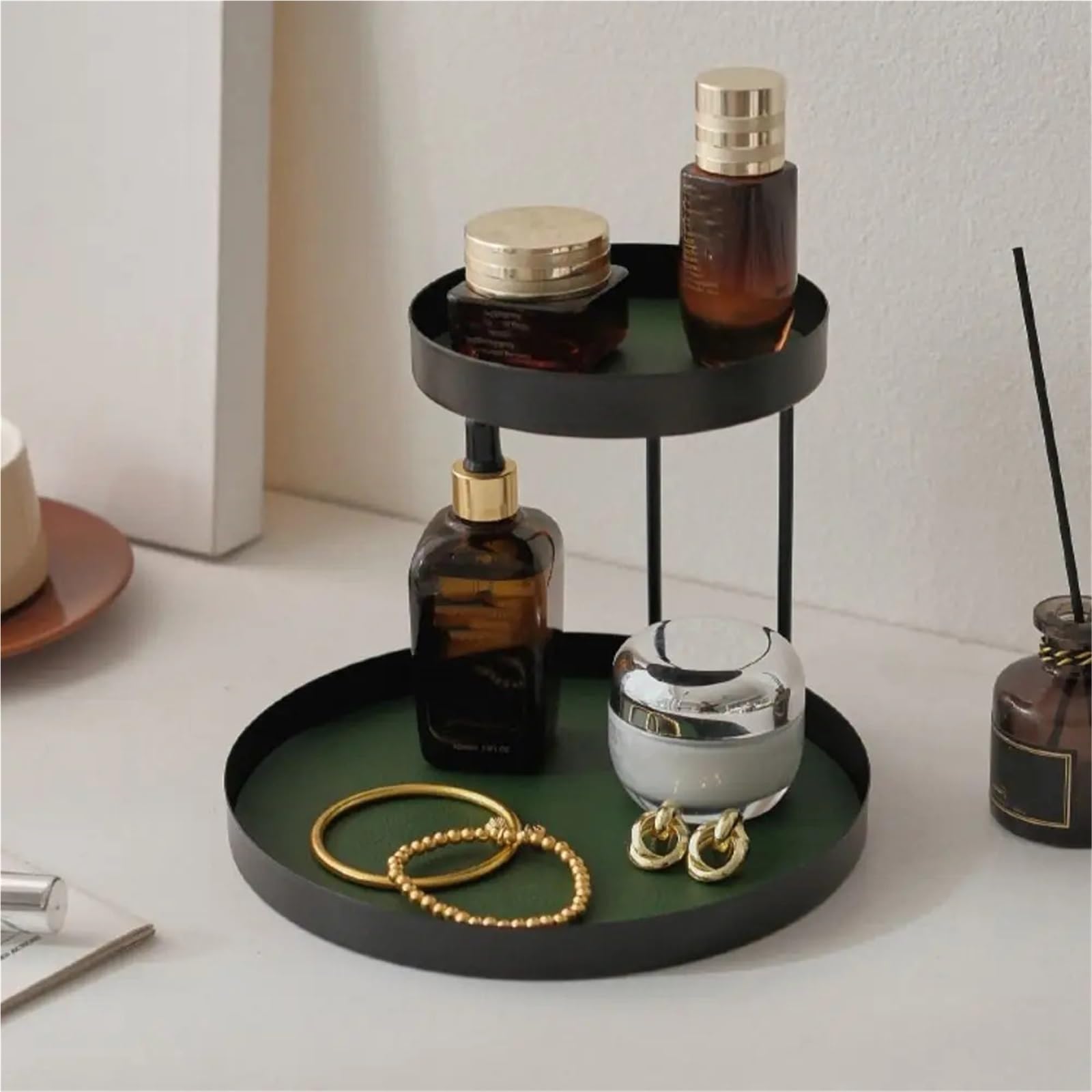 Bandeja De Perfume Estante de Almacenamiento cosméticos Hierro multifunción, Creativo con cojín Cuero, Estante baño, Bandeja Escritorio Simple Doble Capa, Dulces(Style 9)
