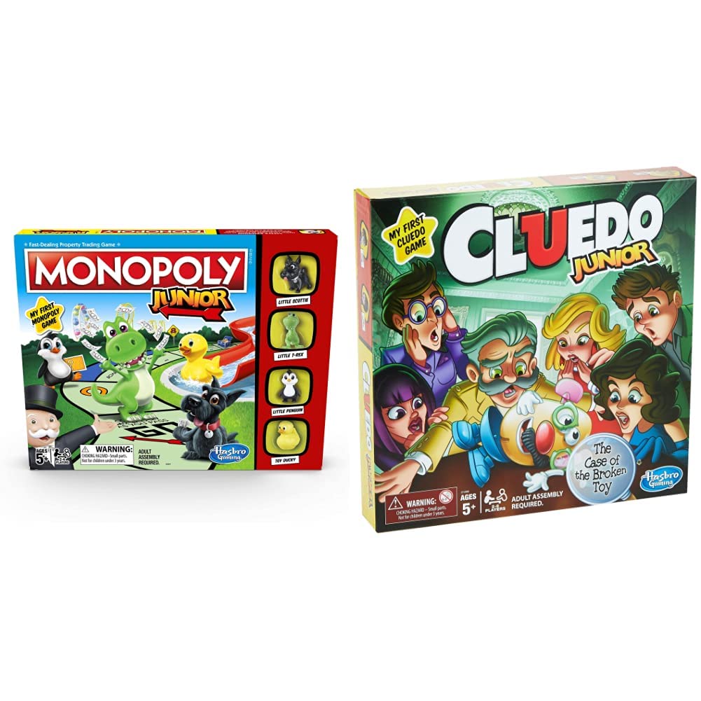 Monopoly Junior Game, Monopoly Board Game & Hasbro Gaming Clue Junior Board Game for Kids Ages 5 and Up, Case of the Broken Toy, Classic Mystery Game for 2-6 Players,4.13 x 26.67 x 26.67 cm