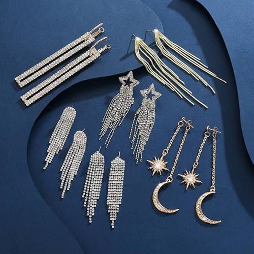 Rhinestone Crystal Dangle Earrings For Women: Sparkly Dangling Earrings Set For Women Silver Gold - Long Dangly Earrings Tassel Moon And Star Drop Earrings #TOP2