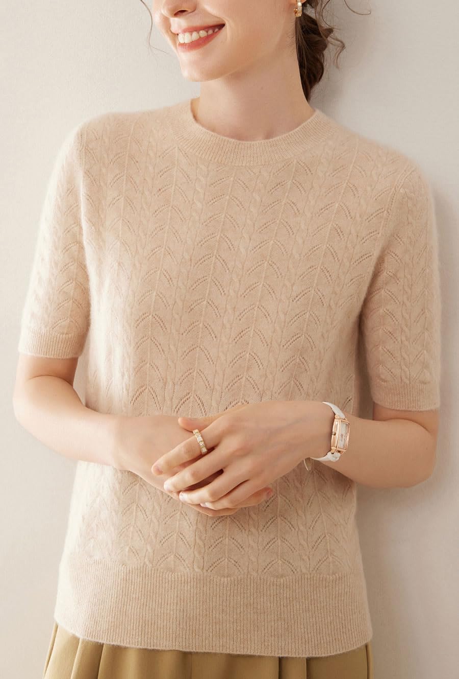 E-girl Maglione da donna 95% cashmere, girocollo, a maniche corte, in lana di cashmere, con crepe, rilassato, SH505