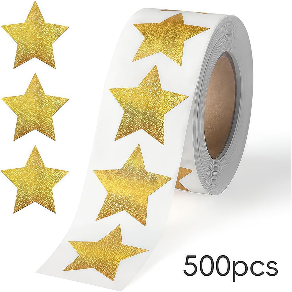 500 Pcs Gold Star Stickers, 1 Inch Sparkly Glitter Reward Stickers for Kids, Self-Adhesive Metallic Stars for Teacher Supplies, Behavior Charts, DIY Crafts and Decoration