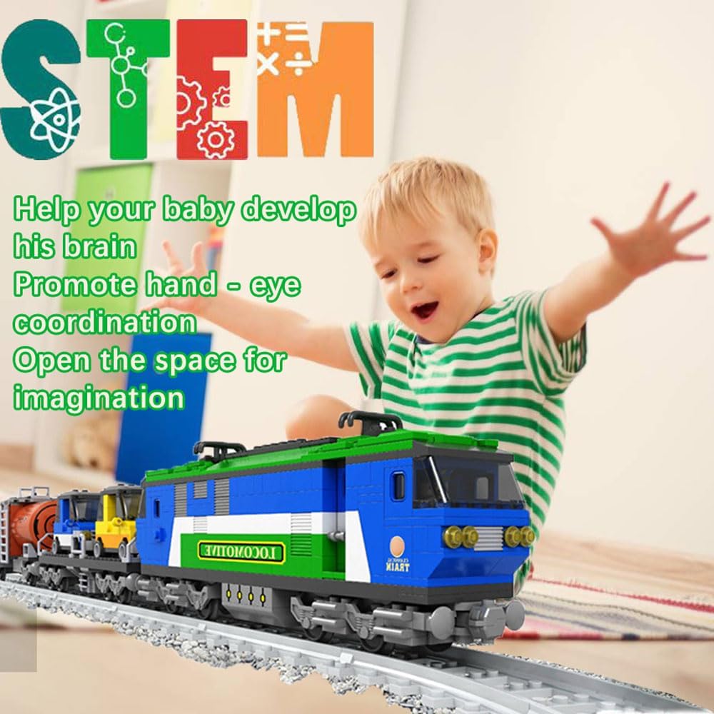 Classic Train Building Block Set for Boys Girls 6-12, City Cargo Model With Tracks, Freight STEM Toy, 573 PCS