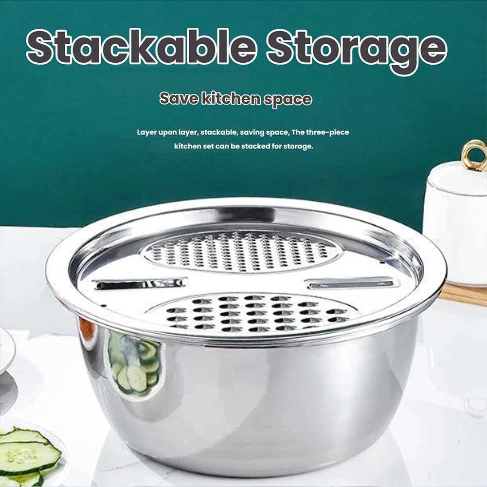 Germany Multifunctional Stainless Steel Basin, 5-in-1 Multifunction Stainless Steel Shredding & Drainage Chopping Basin, Kitchen Vegetable Salad Spinner with Grater, Strainer & Drain Basket (11.81in)