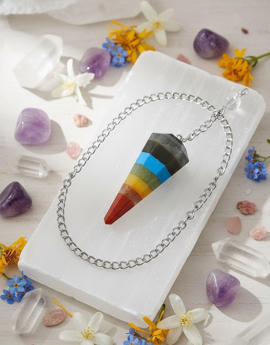 KULIA Péndulo de siete chakras con generador de pirámide, piedra preciosa natural