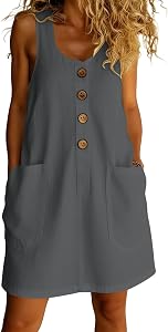 Robe décontractée d'été pour femmes Sans manches Midi Tank Sundress avec poches V Boutons de cou Une ligne de t-shirt en coton Robes
