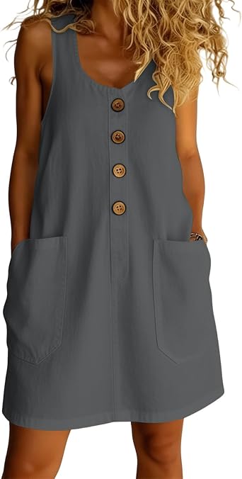 Yihaojia 2026 Summer Dresses for Women Cotton Linen Sleeveless Button Mini Tshirt Sundress with Pocket Loose Tank Beach Dress