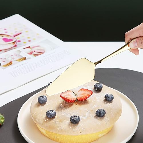 Miniatura 7 de Kyraton Gold Cake Cake - Juego de 4 cuchillos y servidores para tartas de boda, cortador de pastel dorado de acero inoxidable, juego de corte de