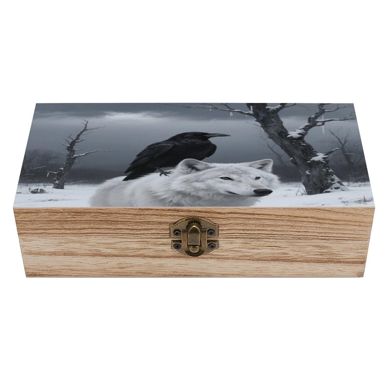VstaDank Crow And White Wolf Wooden Storage Box Decorative Jewelry Case with Lids Exquisite Wood Box Letters Gifts Acacia Wood Boxes Fashion Wooden Keepsake Boxes for Men Women