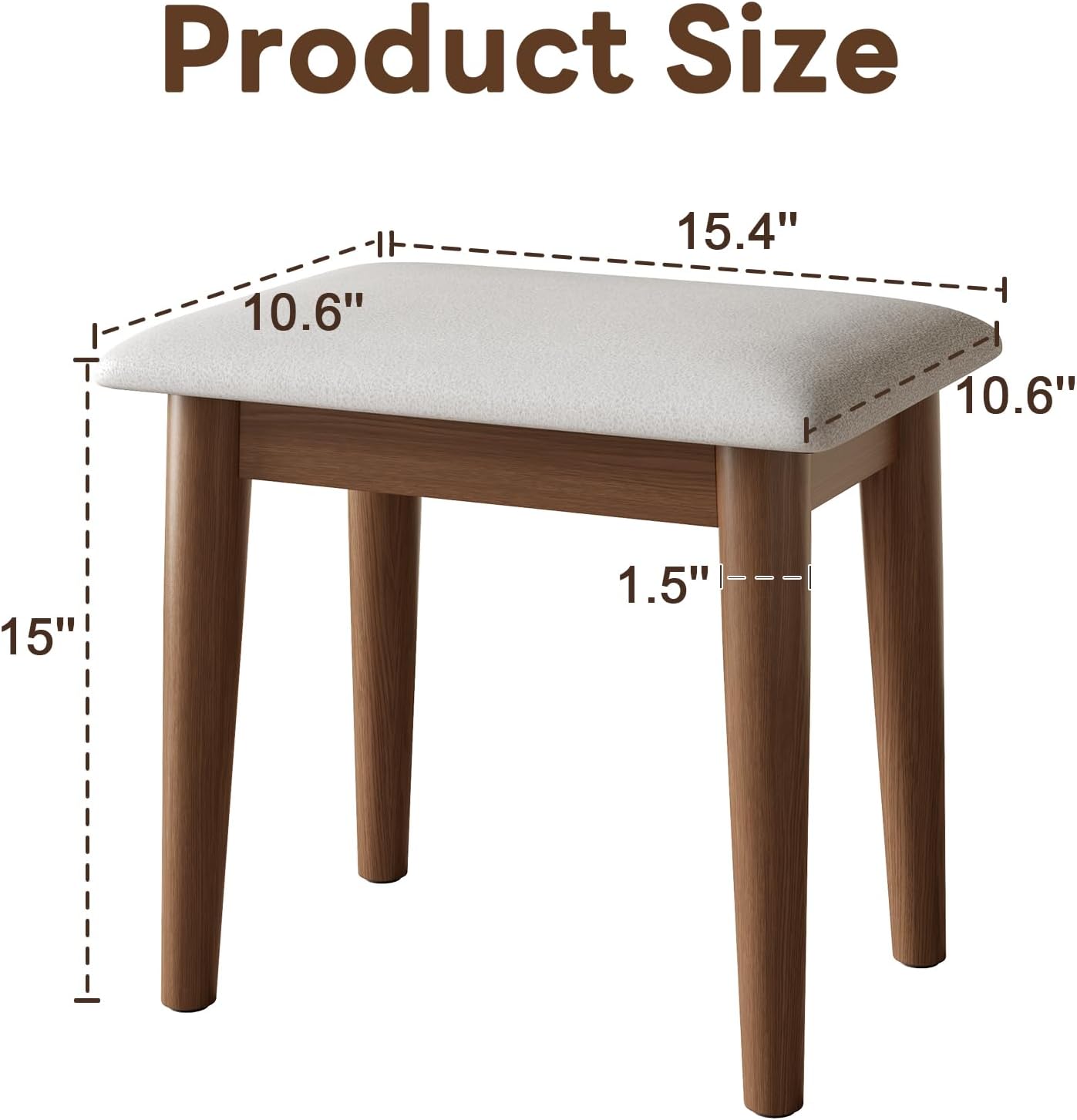 Vanity Stool, Solid Wood Vanity Chair with High-Rebound Sponge Seat Cushion, Easy Assembly Vanity Bench, Walnut Upholstered Vanity Stool for Bedroom Study Room Entryway