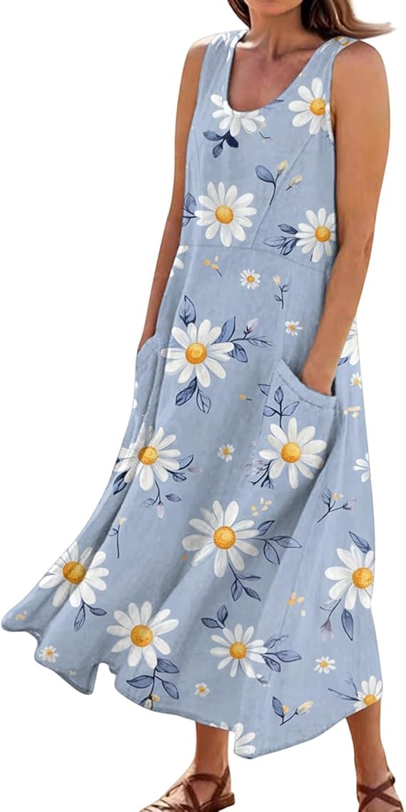 Plus Size Cotton Linen Summer Dresses for Curvy Women 2025 Sleeveless Maxi Vacation Beach Sundresses with Pockets