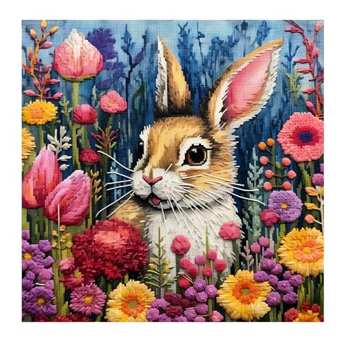 51buyoutgo Canevas Broderie Point de Croix Kit Complet Adulte Debutant Compté Pré Imprimé Estampillé Moderne Débutant avec Fils, Facile Lapin Animaux 11ct Cross Stitch Loisirs Créatifs Set 40 x 40 cm