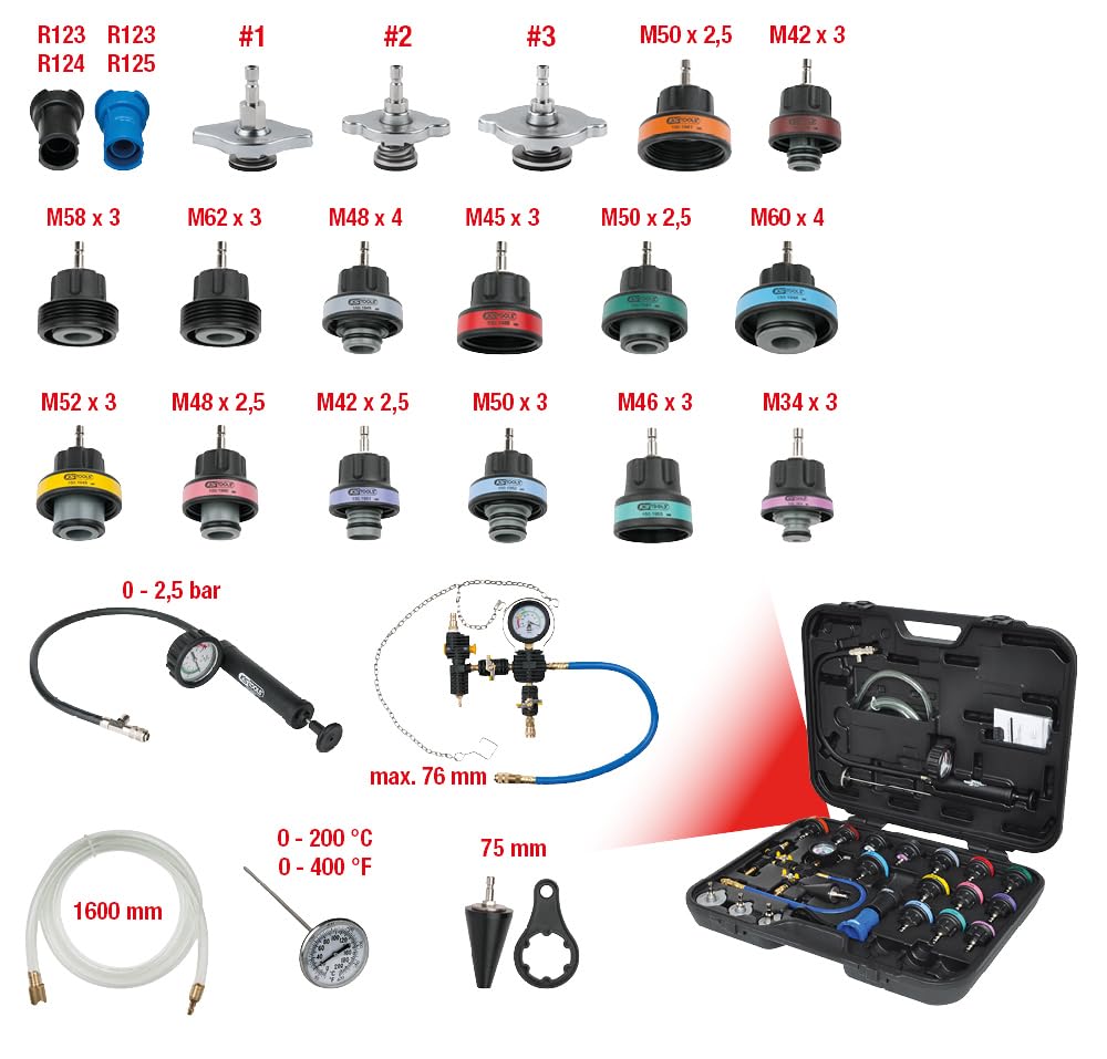 KS Tools 150.1930 - Kit de Diagnostic de Système de Refroidissement - Detecteur de Fuite d’Eau à Détection Rapide - Kit Idéal pour Tester l’Étanchéité du Système de Refroidissement et de Chauffage