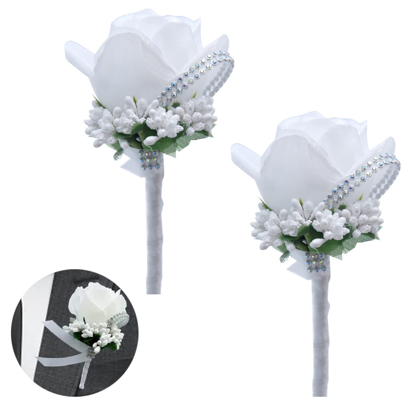 Paquete de 2 ramilletes de rosas para boda, ramillete de rosas, corsajes, suministros de boda, decoración para novia, novio, padrinos de boda y niña, broche de ramo