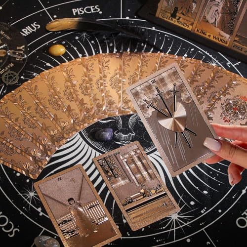 Image of Oracle Rose Gold 78 foil Tarot Cards with Guide Book Tarot Deck for Beginners and Professional Player with Box Tarot PVC Durable Waterproof Wrinkle Resistant