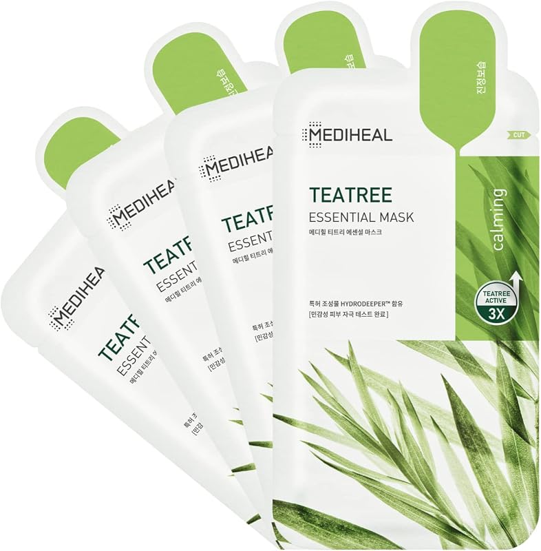 Mediheal Official Best Korean Sheet Mask - Mascarilla facial esencial de árbol de té, 4 hojas, tratamiento calmante para la piel, imperfecciones, control de sebo para todo tipo de piel