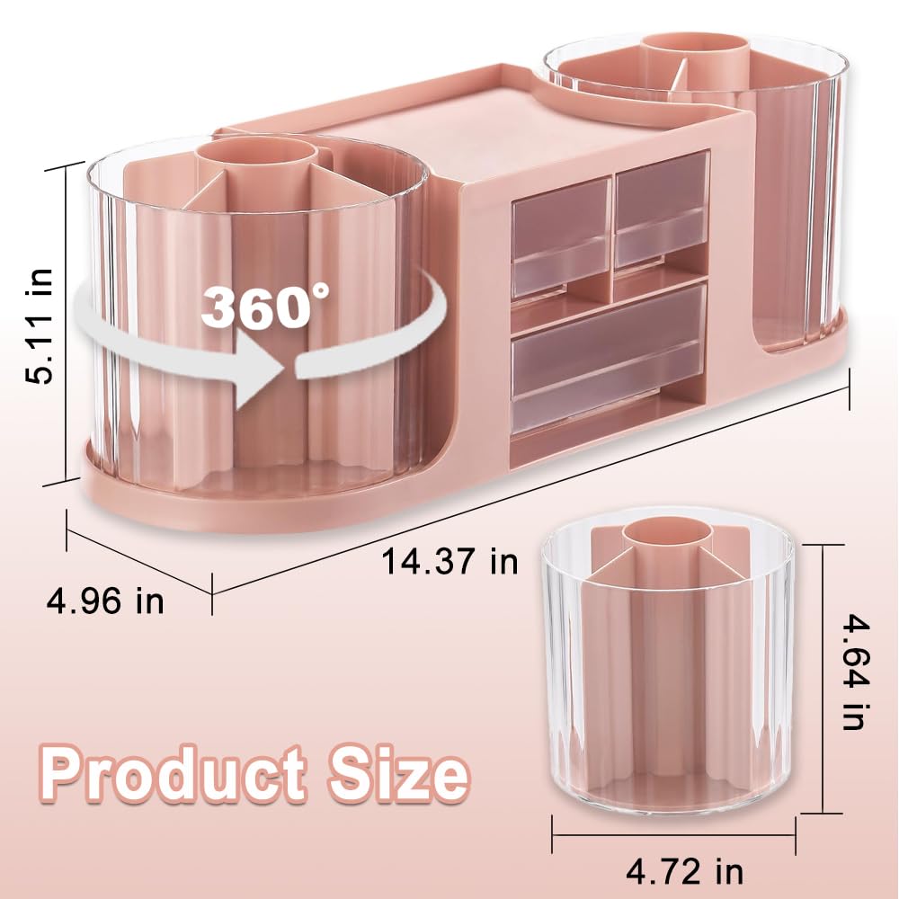 ALUNME Rotating Desk Organizer with 2 Rotating Pen Holder 10 Compartments and 3 Drawer,Pencil Storage Organizer Desk Organizer and Accessories for Office Stationery Supplies (pink) - Image 2