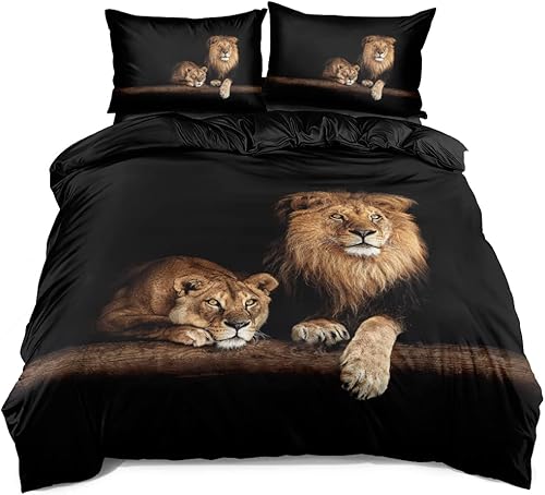 Miniatura 4 de Holiyjog Juego de funda de edredón de león, color negro, con 2 fundas de almohada, tamaño King, para niños y niños, juego de cama de animales, tela